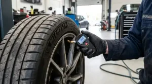 Mechanic checking tire pressure